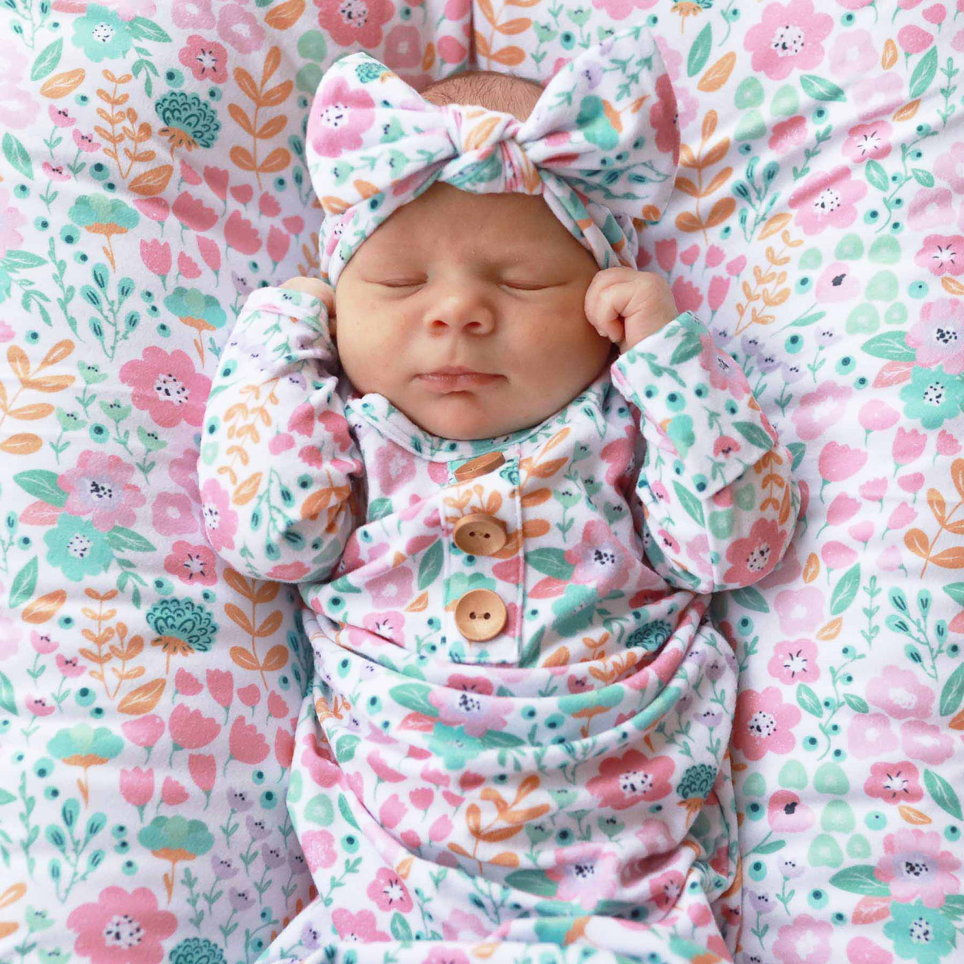 willow's whimsy floral newborn baby knot gown and hat set