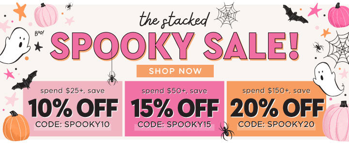 Stacked Halloween Sale banner. Spend $25+, save 10% OFF, CODE: SPOOKY10. Spend $50+, save 15% OFF, CODE: SPOOKY15. Spend $150+, save 20% OFF, CODE: SPOOKY20.