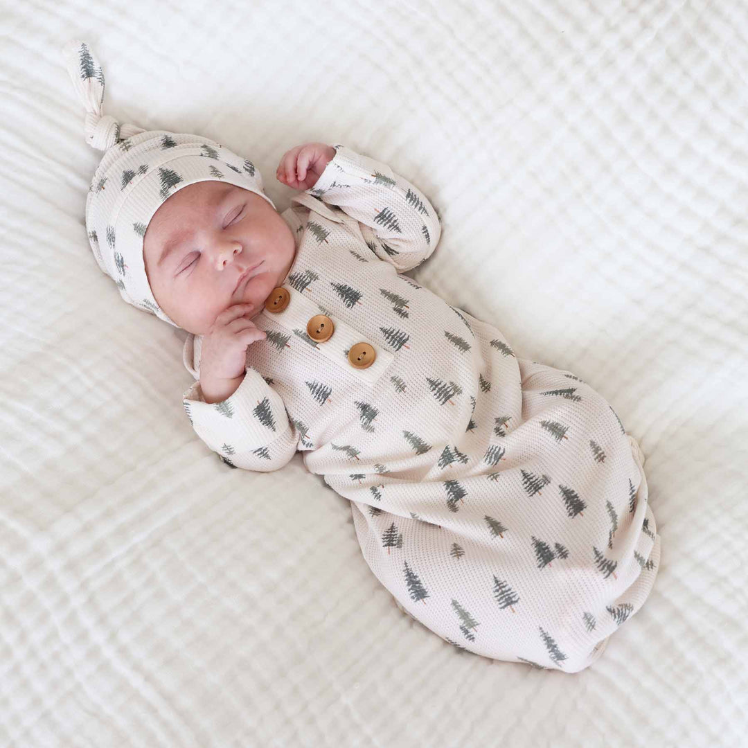 pine tree bamboo waffle newborn knot gown and hat set 