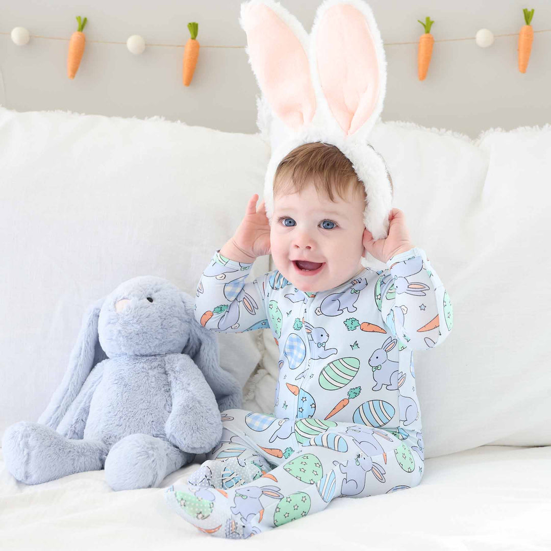 blue hoppy spring zipper footie 