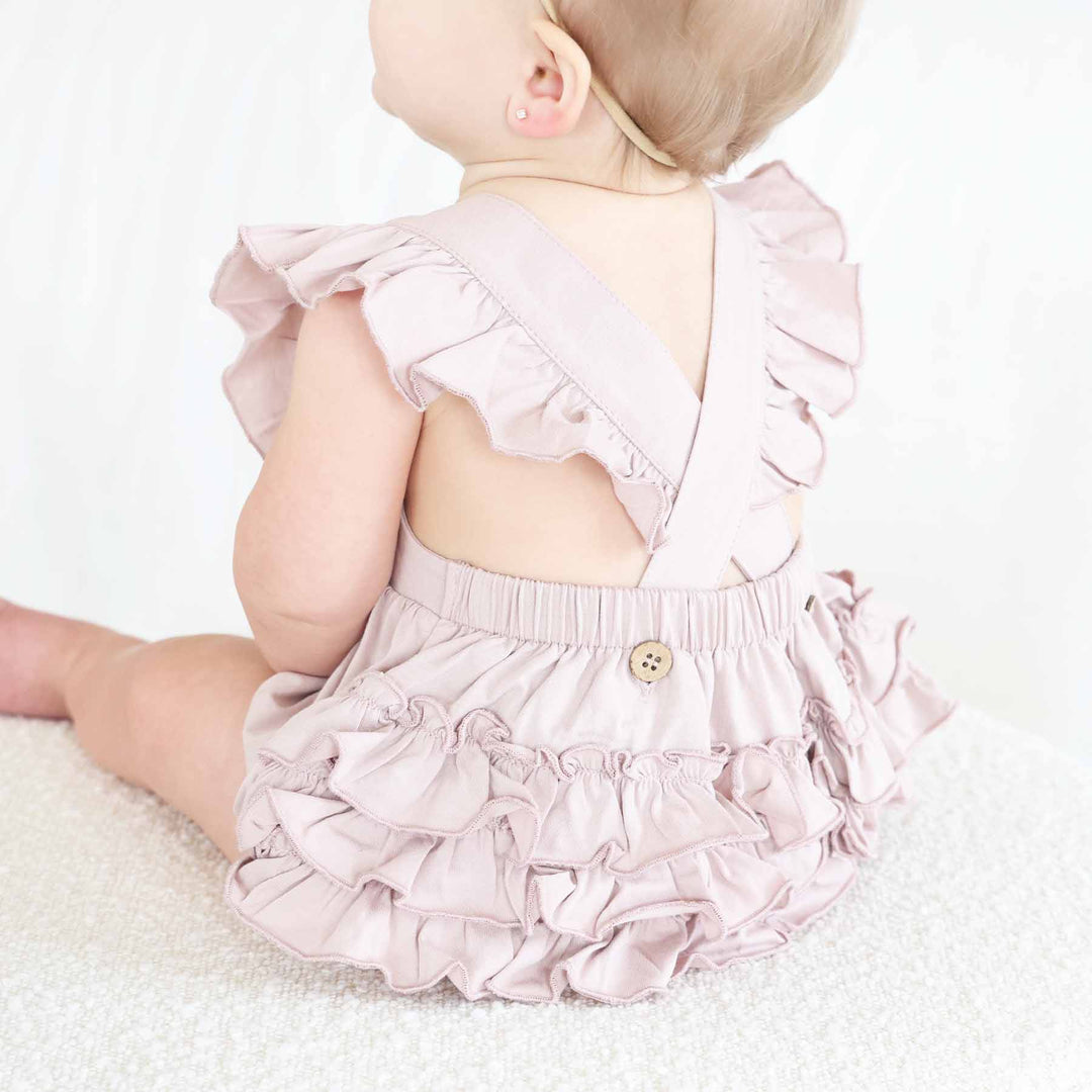 cross back ruffle bubble romper 
