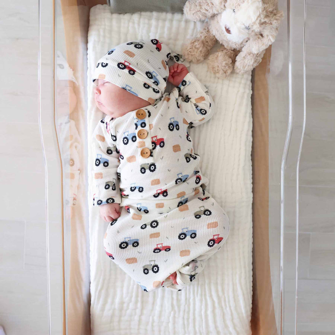 little farmer bamboo waffle newborn baby knot gown and hat set 