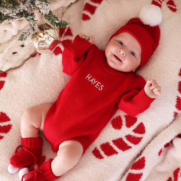 personalized red sweater bubble romper for babies 