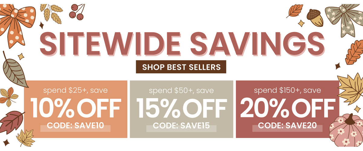 A Caden Lane promotional banner with the text 'SITEWIDE SAVINGS' and 'SHOP BEST SELLERS'
- Spend $25+, save 10% OFF code: SAVE10
- Spend $50+, save 15% OFF code: SAVE15
- Spend $150+, save 20% OFF code: SAVE20