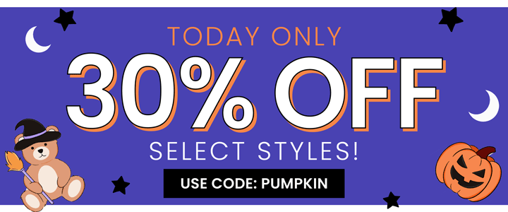 Caden Lane Halloween Flash Sale Promotional Banner, reading "Today Only 30% OFF All Halloween Styles! use code: PUMPKIN"