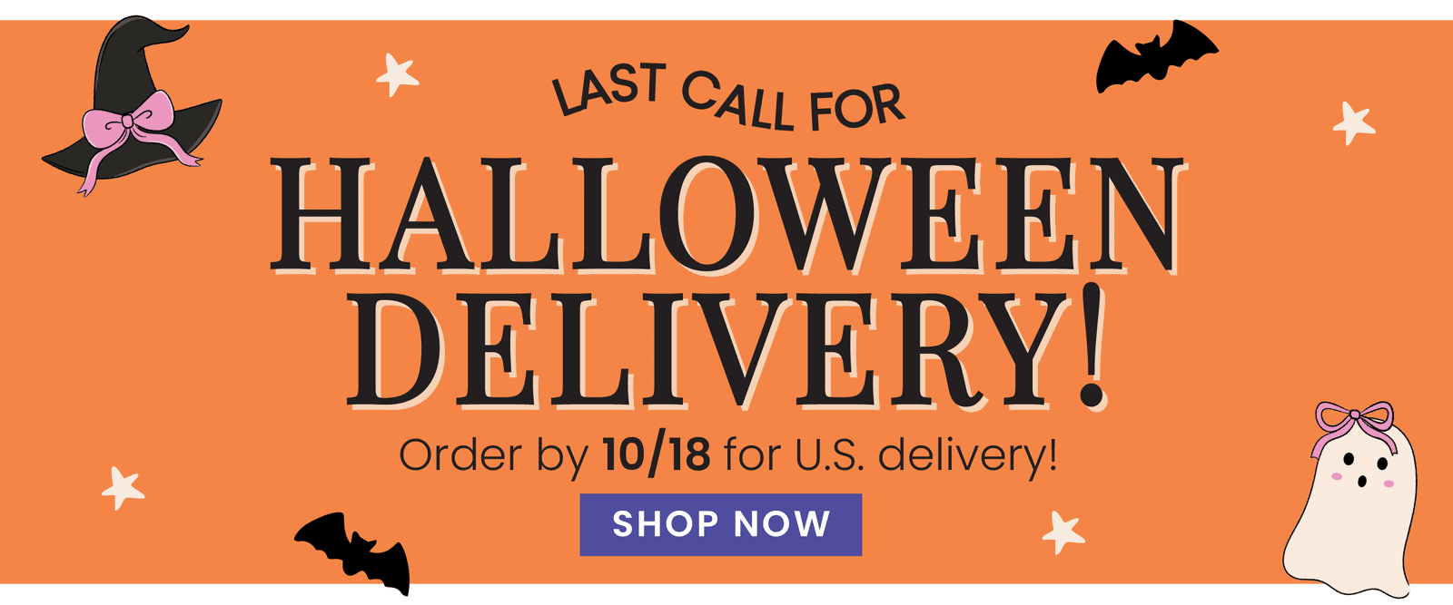Lane & Leash Halloween promotional banner. "Last call for Halloween Delivery! Order by 10/18 for U.S. delivery! SHOP NOW". Bright orange background with Halloween themed illustrations! 