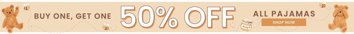 Caden Lane  Buy One, Get One 50% Off pajamas promotional banner with teddy bear graphics and text reading 'BUY ONE, GET ONE 50% OFF ALL PAJAMAS SHOP NOW'.