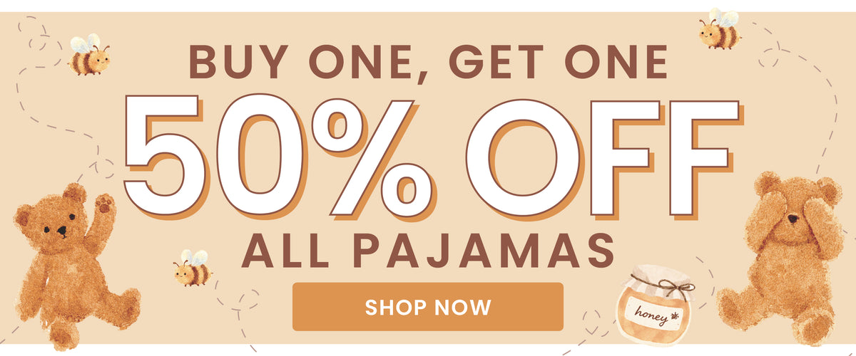 Caden Lane  Buy One, Get One 50% Off pajamas promotional banner with teddy bear graphics and text reading 'BUY ONE, GET ONE 50% OFF ALL PAJAMAS SHOP NOW'.