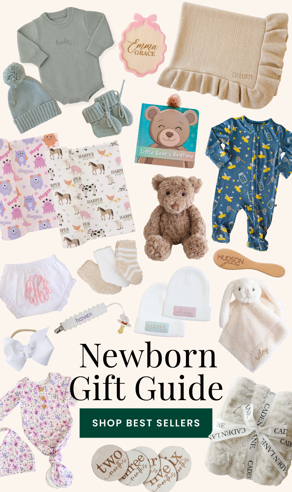 Caden Lane Newborn gift guide collection ad. Featuring a collage of different newborn products.