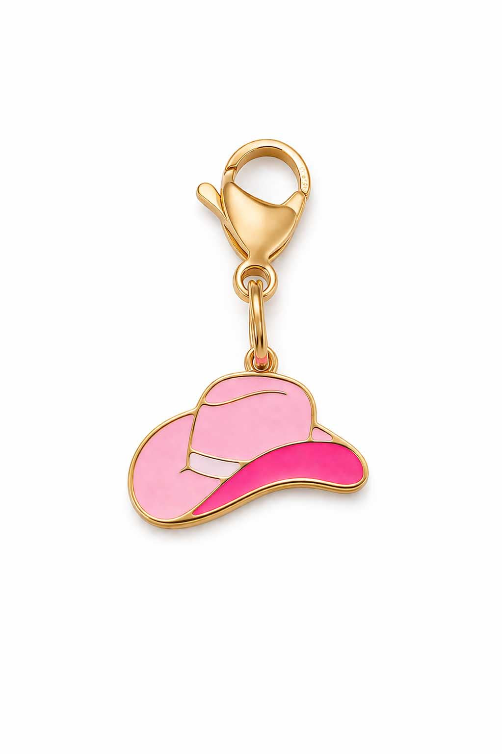Pink and hot pink enamel cowgirl hat pet collar charm with gold lobster claw clasp on white background