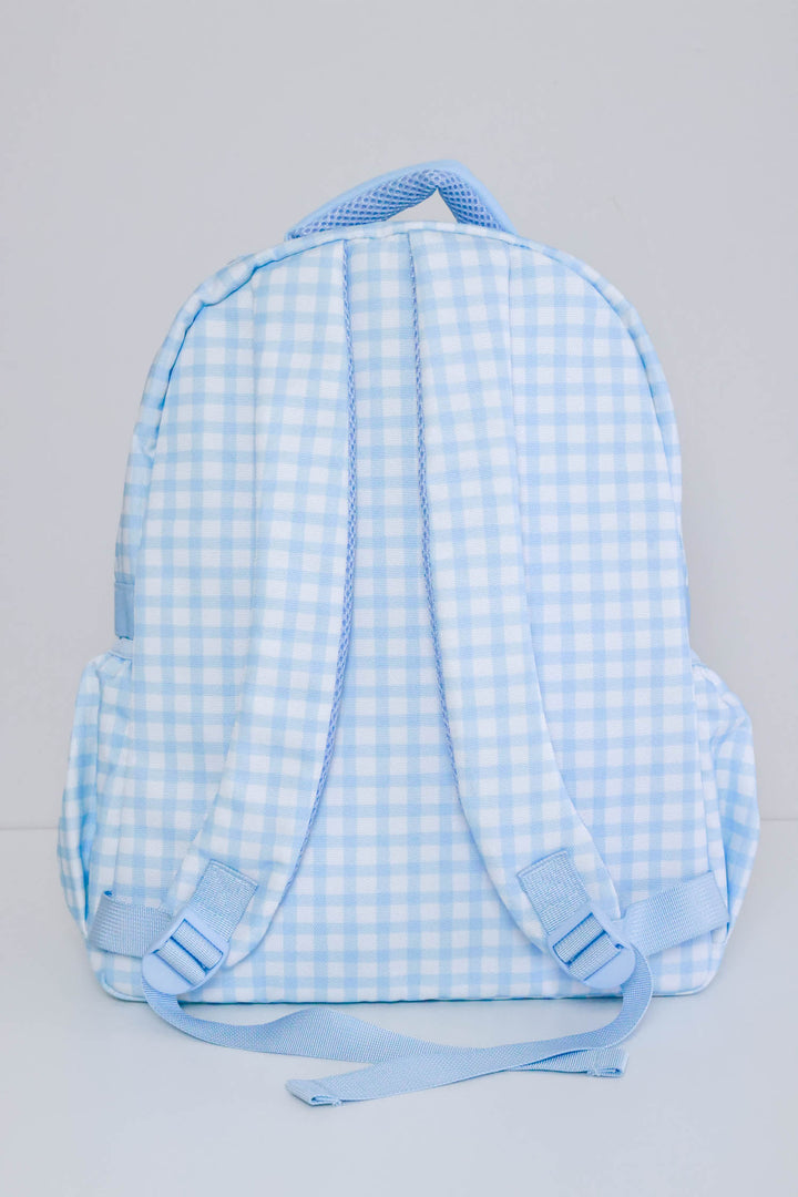 back view of blue gingham backpack for boys