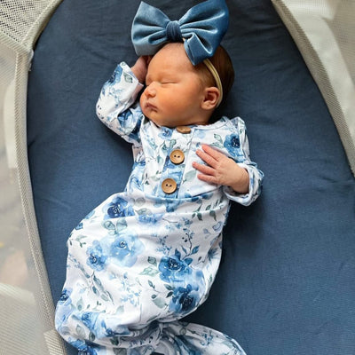 bailey's blue floral newborn baby knot gown and hat set