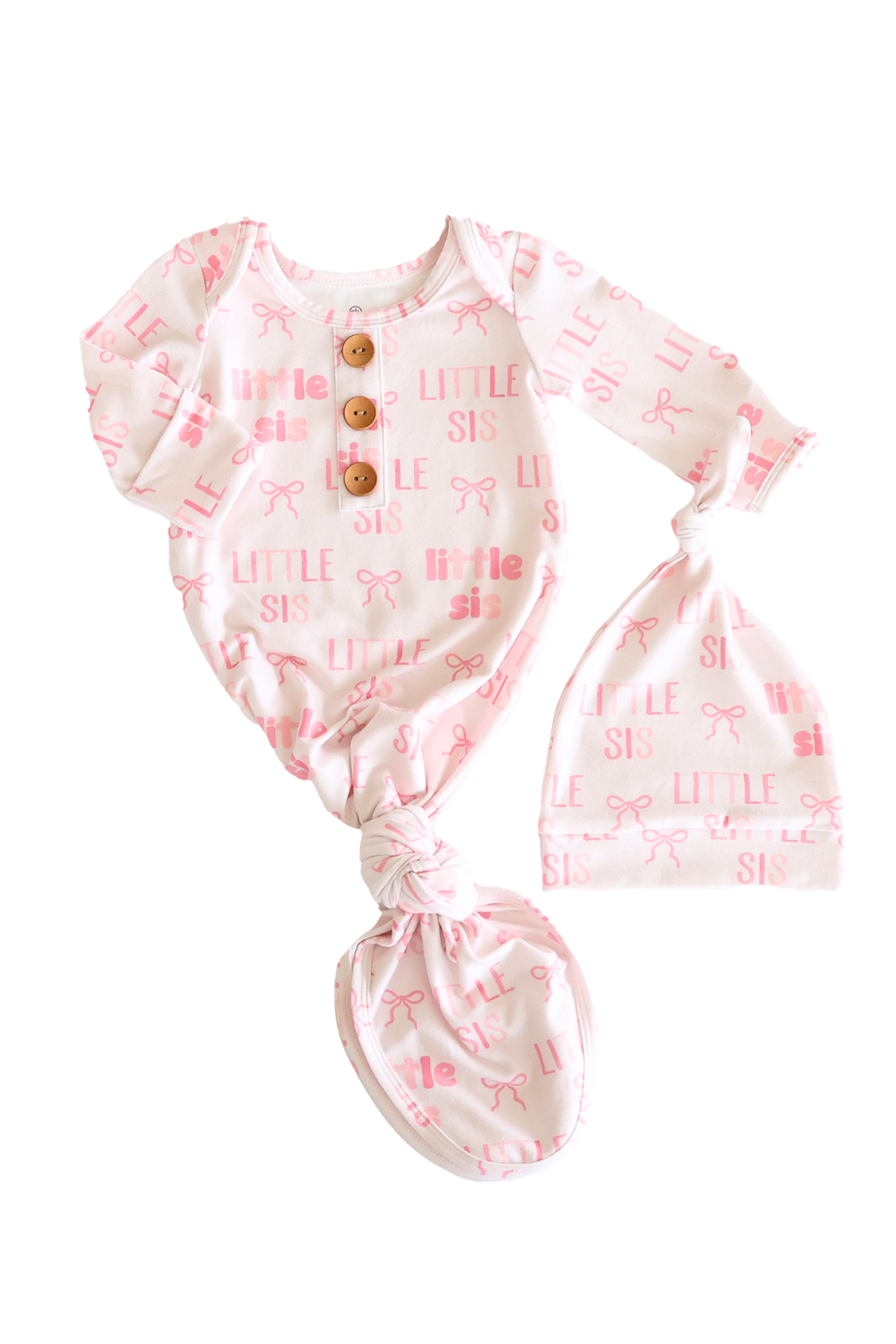 pink little sis newborn knot gown and hat set 