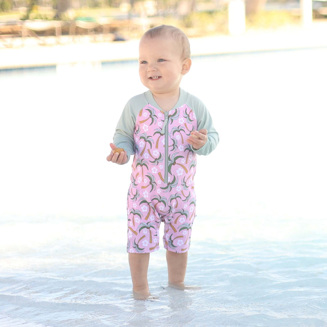 pink and green palm tree swim romper shortie for kids 