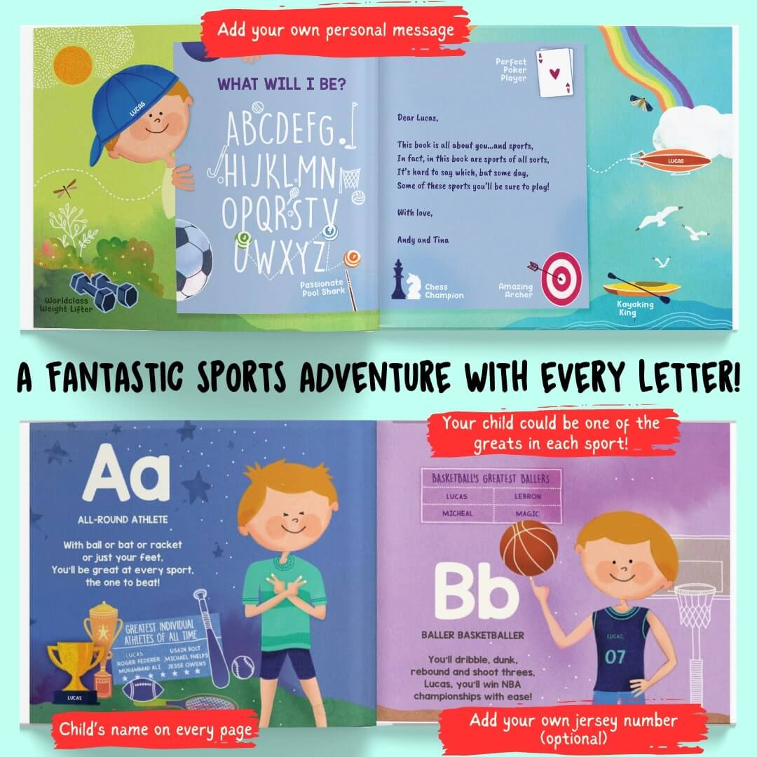 alphabetical sports player personalized book for kids 