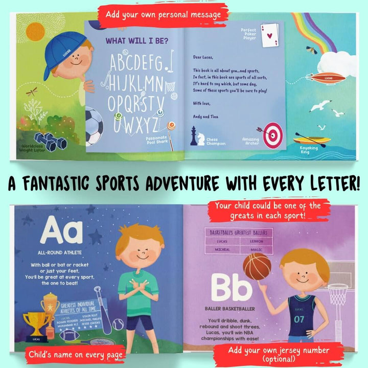 alphabetical sports player personalized book for kids 