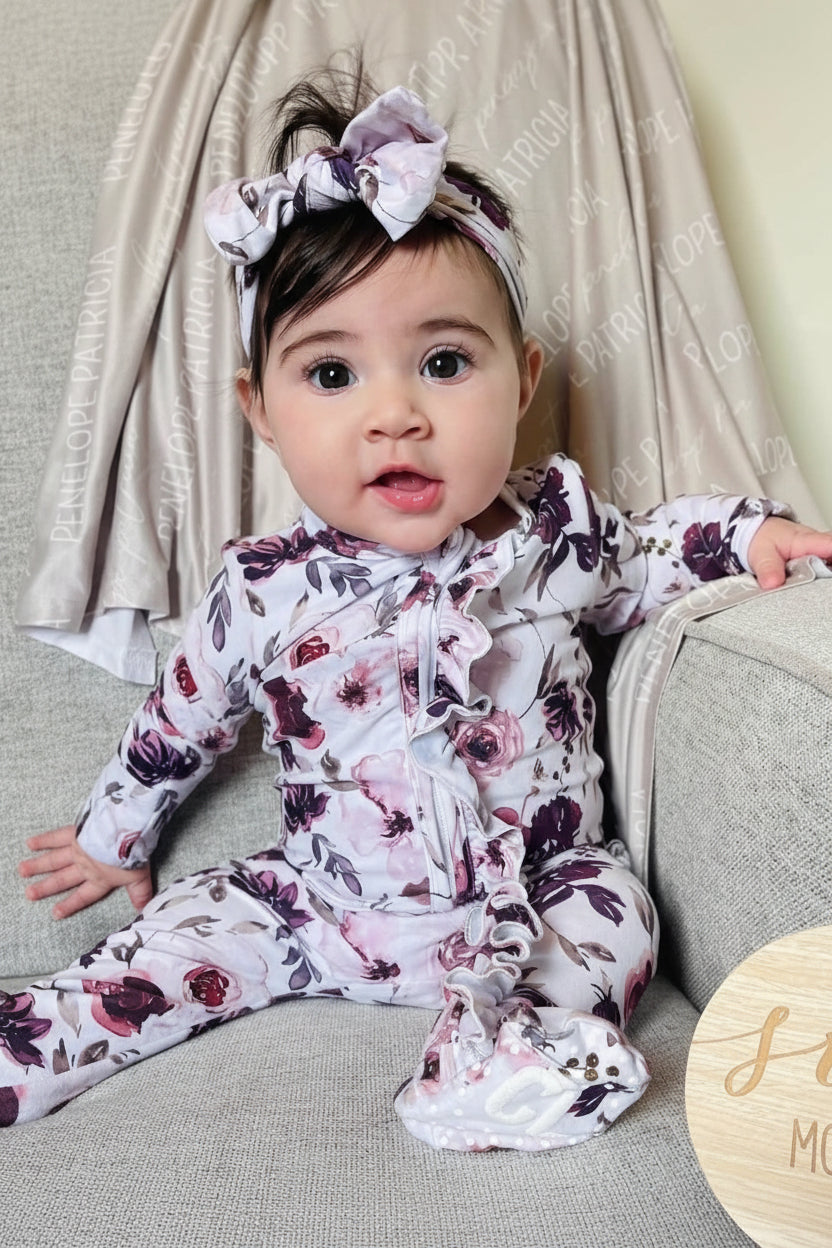 purple floral ruffle zipper footie 