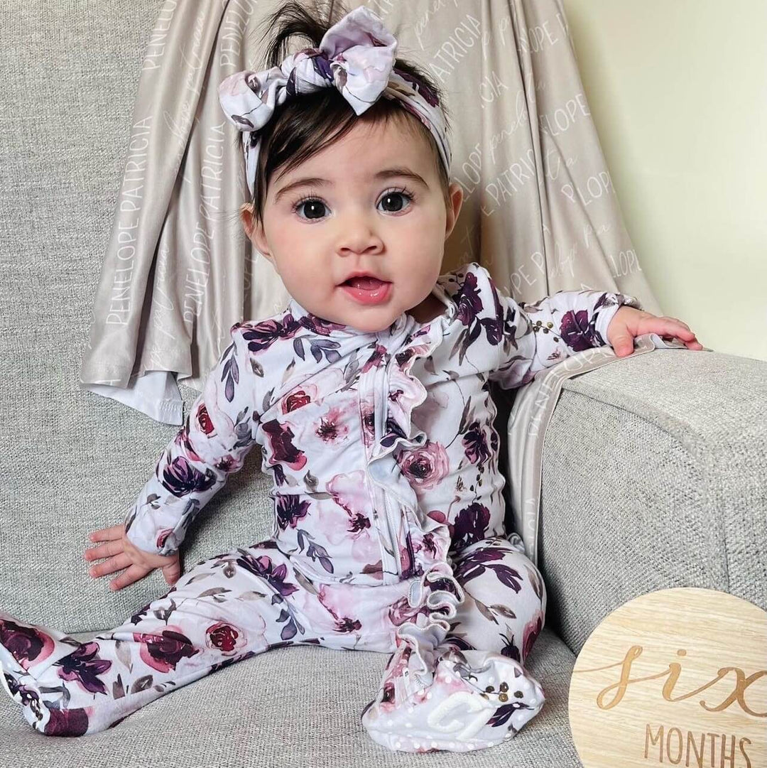 purple floral ruffle zipper footie 