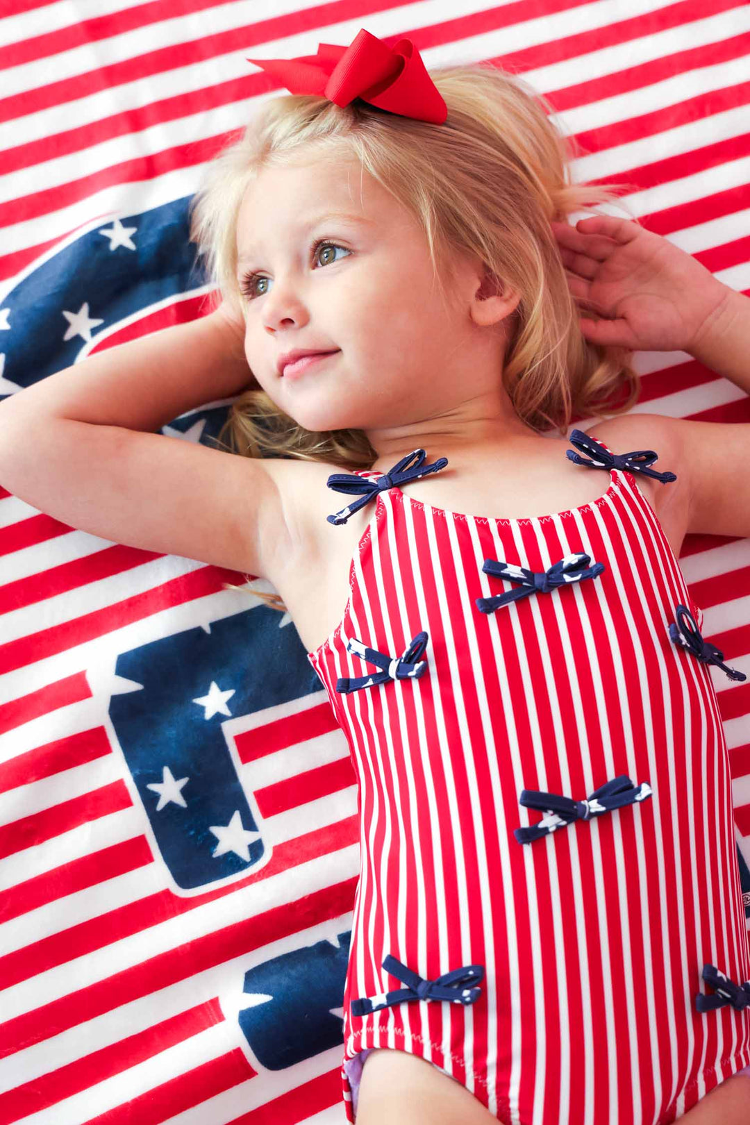 Baby girl one piece swimsuit with tiny bows | Stars & Stripes Party 4th of July swim | Caden Lane