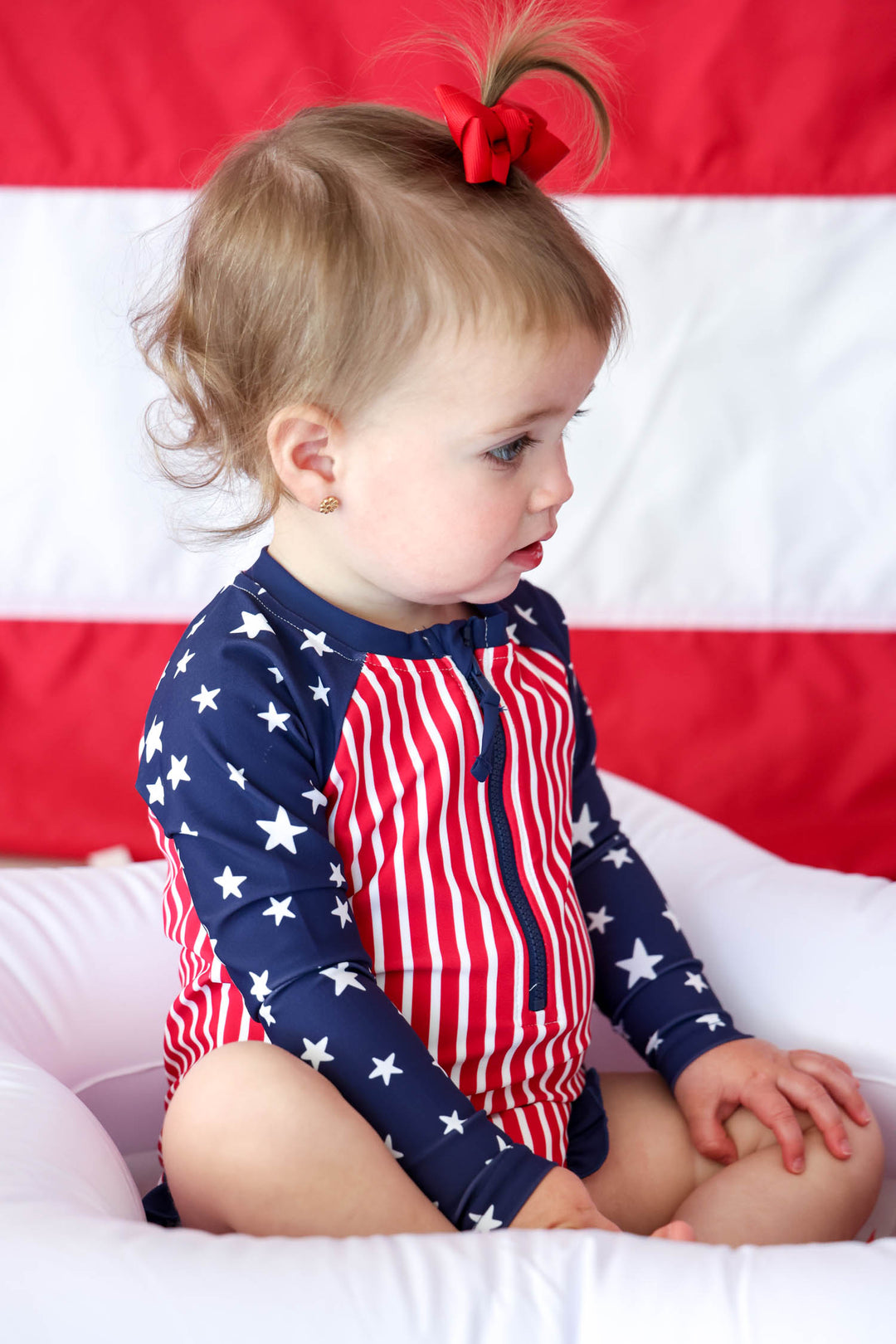 Stars & Stripes Party kids long sleeve rash guard with front zipper detail view 13 | 4th of July kids swim | Caden Lane
