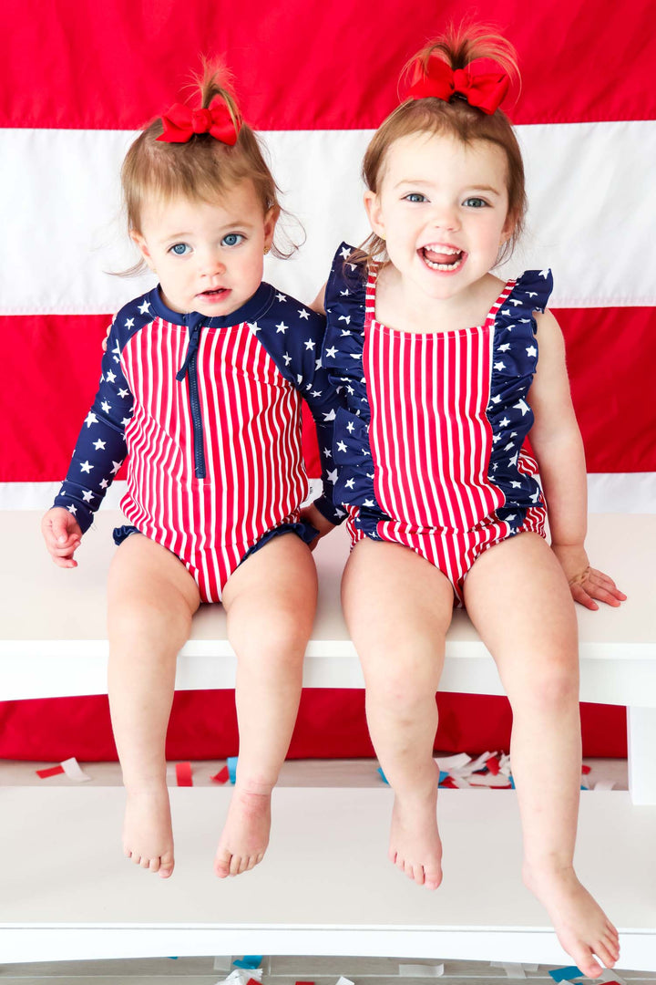 Stars & Stripes Party kids long sleeve rash guard with front zipper detail view 8 | 4th of July kids swim | Caden Lane