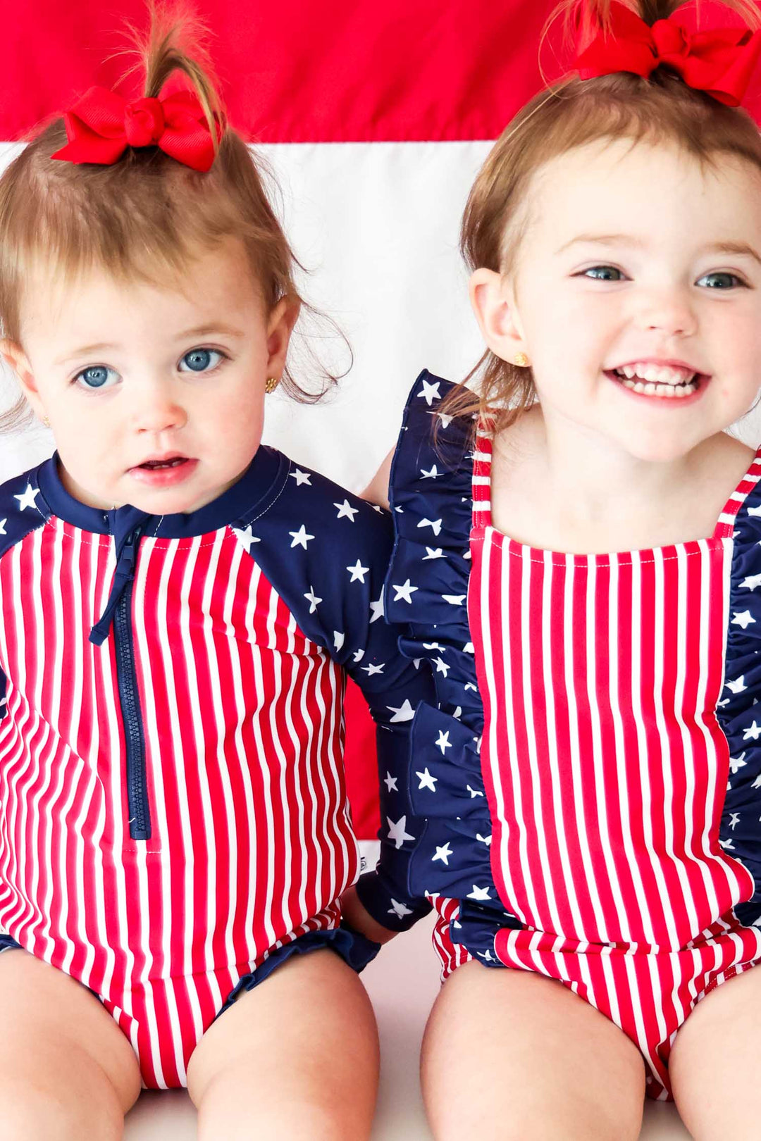 Stars & Stripes Party kids long sleeve rash guard with front zipper detail view 6 | 4th of July kids swim | Caden Lane