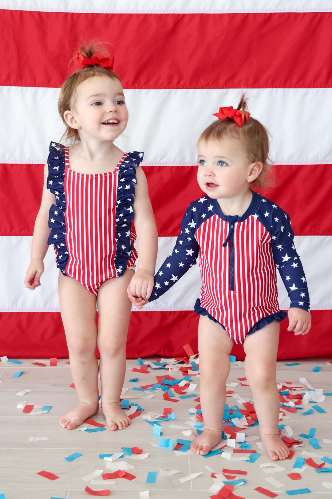 Stars & Stripes Party baby girl double ruffle bow back one piece swimsuit view 9 | 4th of July swim | Caden Lane