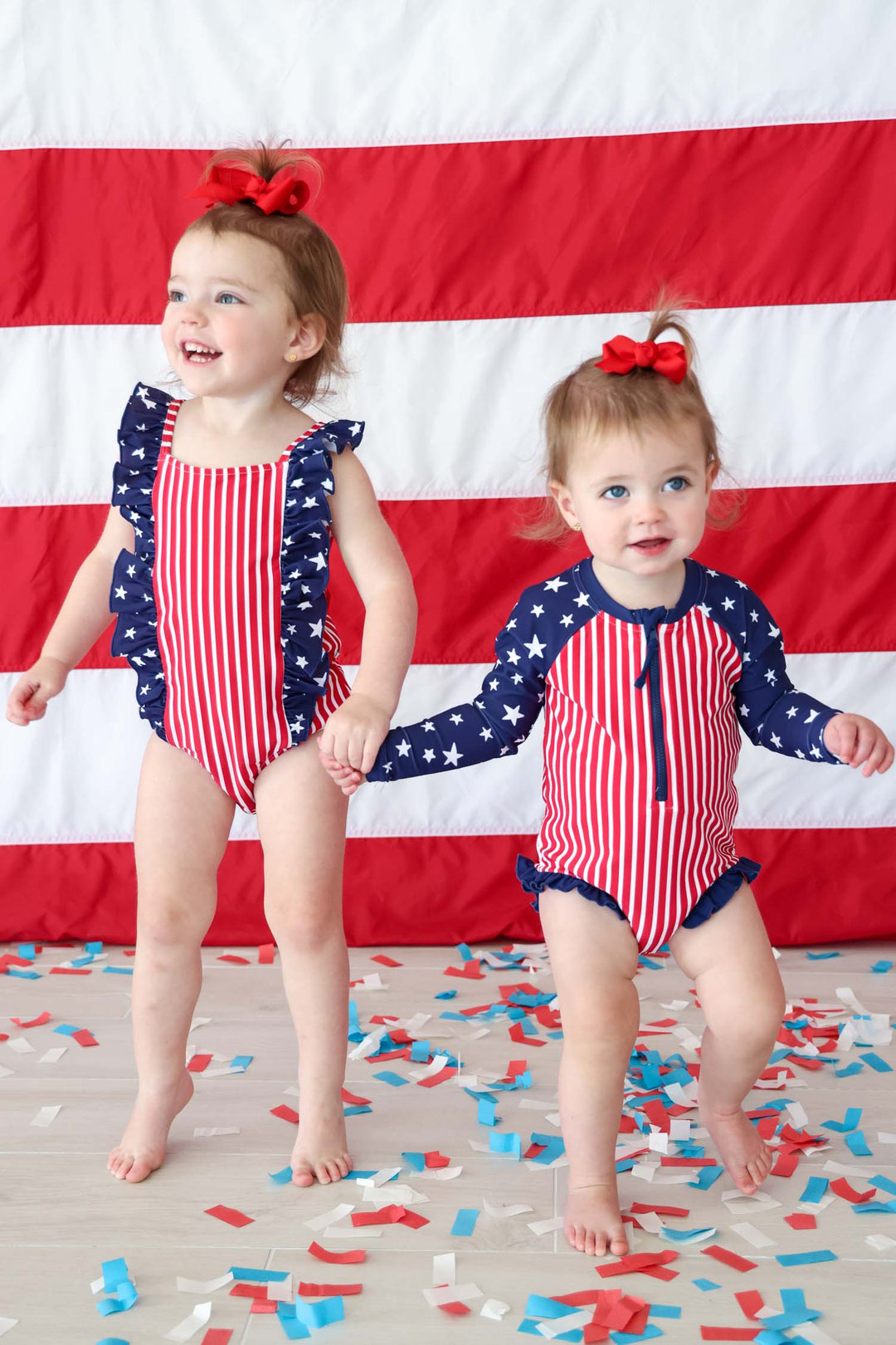 Stars & Stripes Party kids long sleeve rash guard with front zipper detail view 4 | 4th of July kids swim | Caden Lane