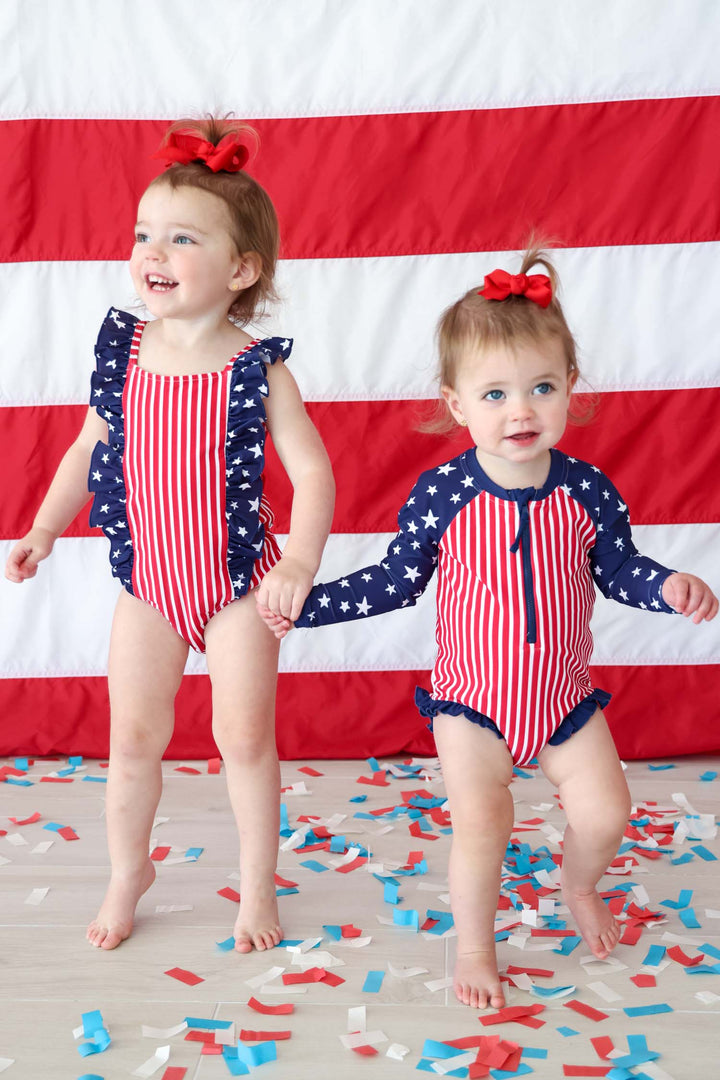Stars & Stripes Party kids long sleeve rash guard with front zipper detail view 4 | 4th of July kids swim | Caden Lane