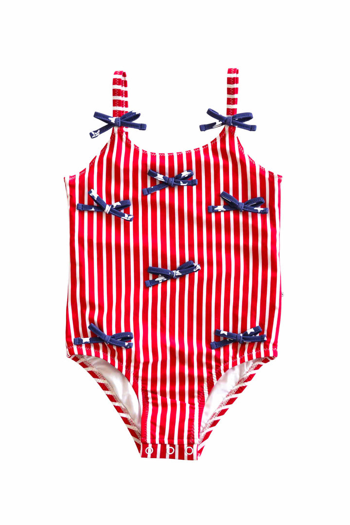 Stars & Stripes Party baby girl one piece swimsuit with tiny bows | American flag print | family matching USA swimwear | Caden Lane