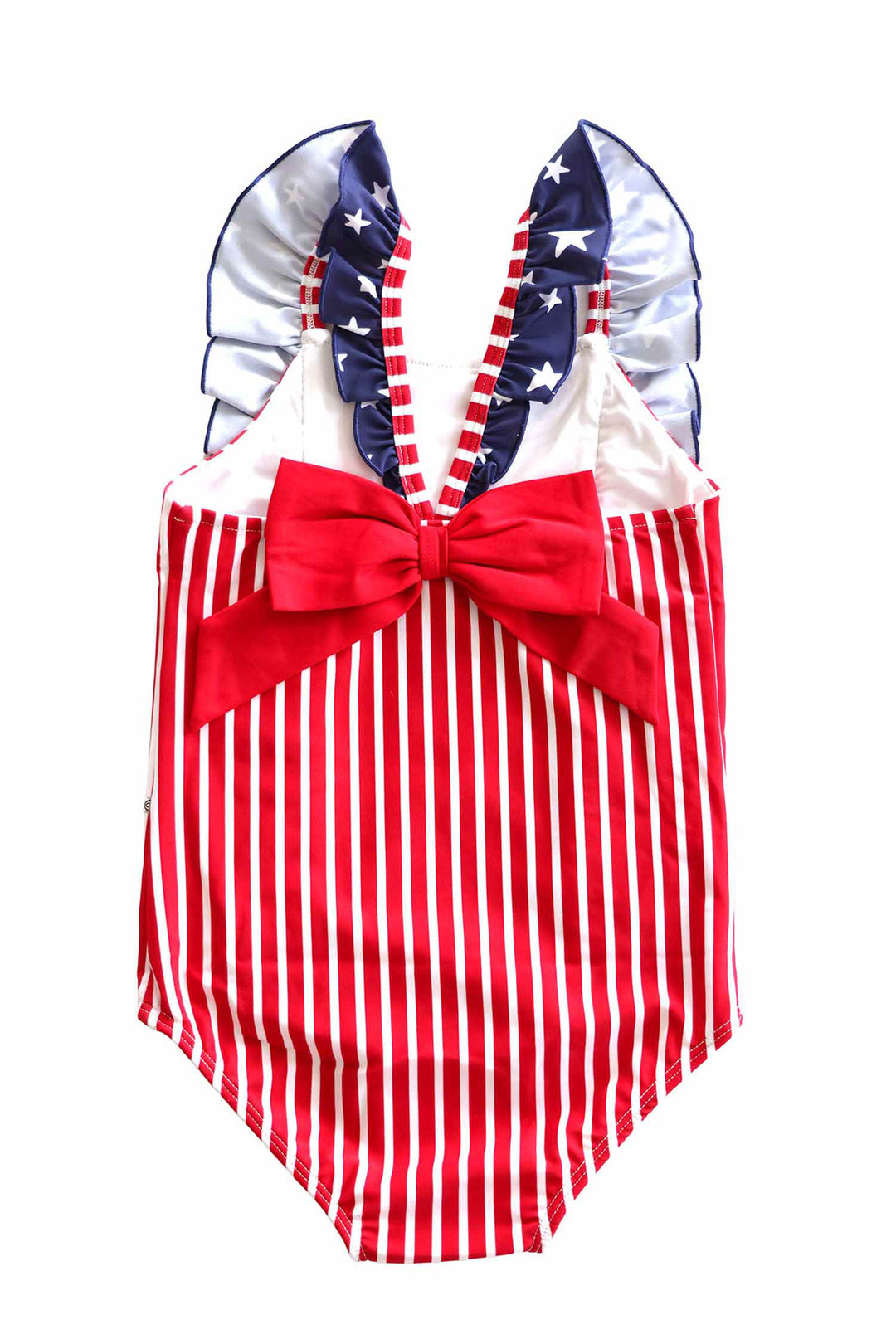 Stars & Stripes Party baby girl double ruffle bow back one piece swimsuit view 7 | 4th of July swim | Caden Lane