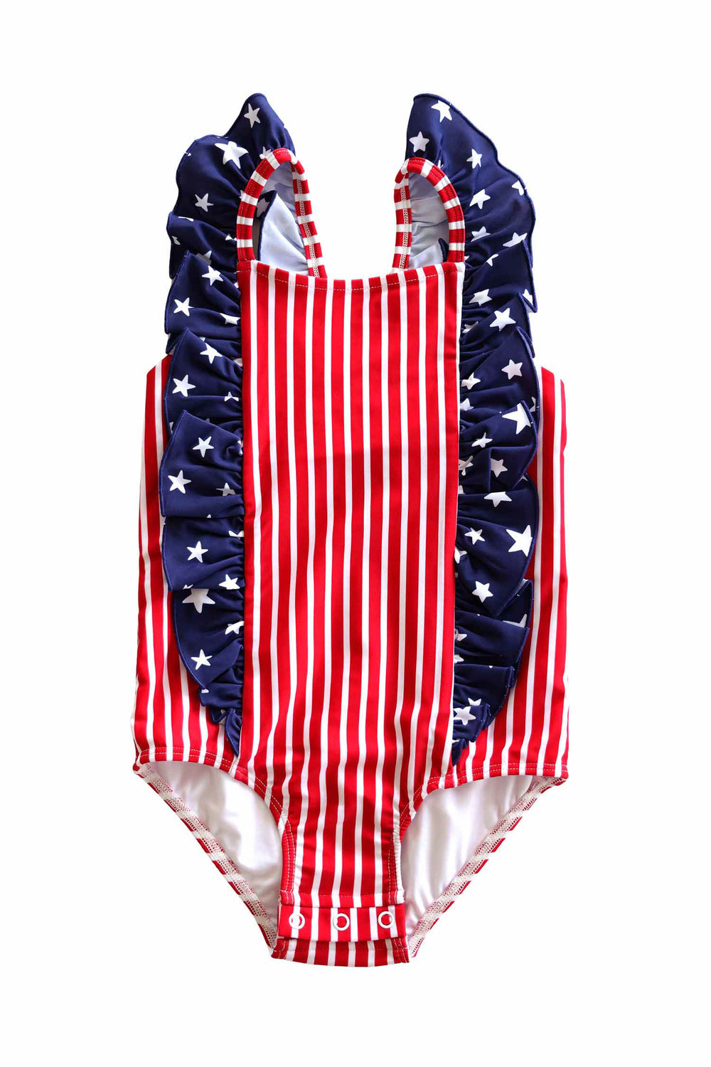 Stars & Stripes Party baby girl double ruffle bow back one piece swimsuit | American flag print | family matching USA swimwear | Caden Lane