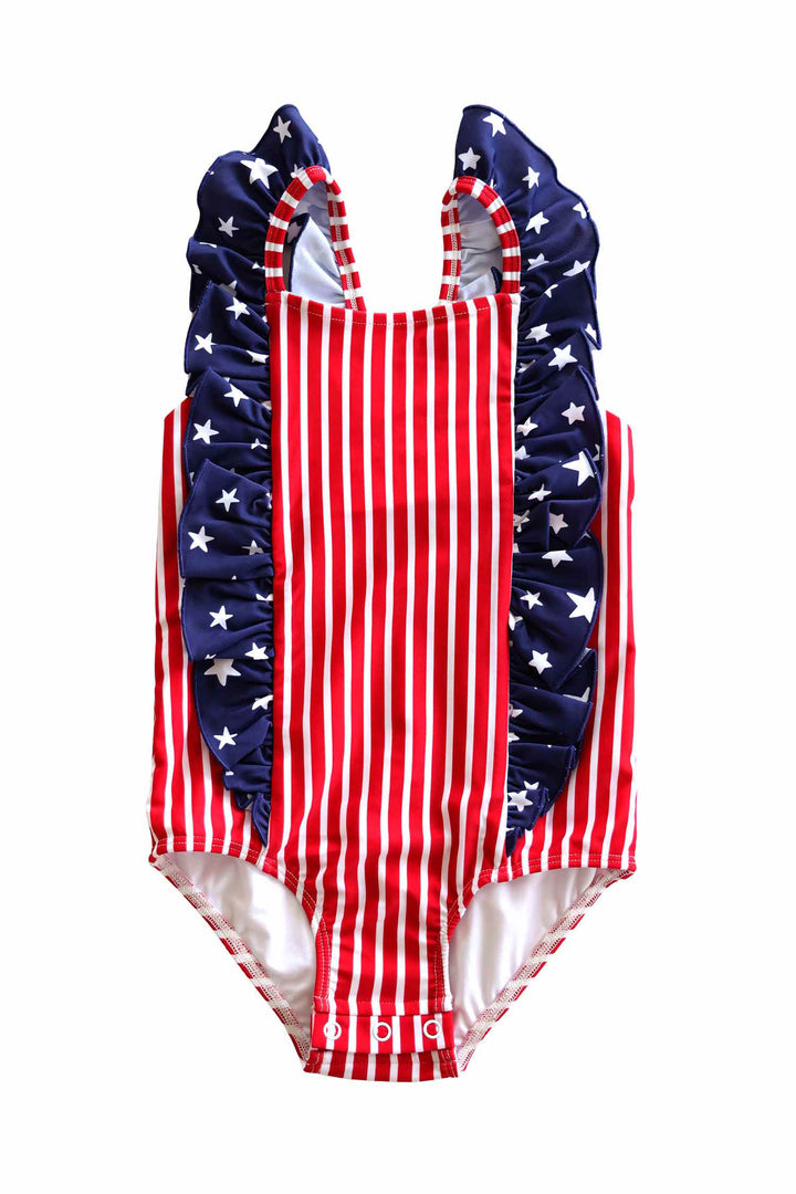 Stars & Stripes Party baby girl double ruffle bow back one piece swimsuit | American flag print | family matching USA swimwear | Caden Lane