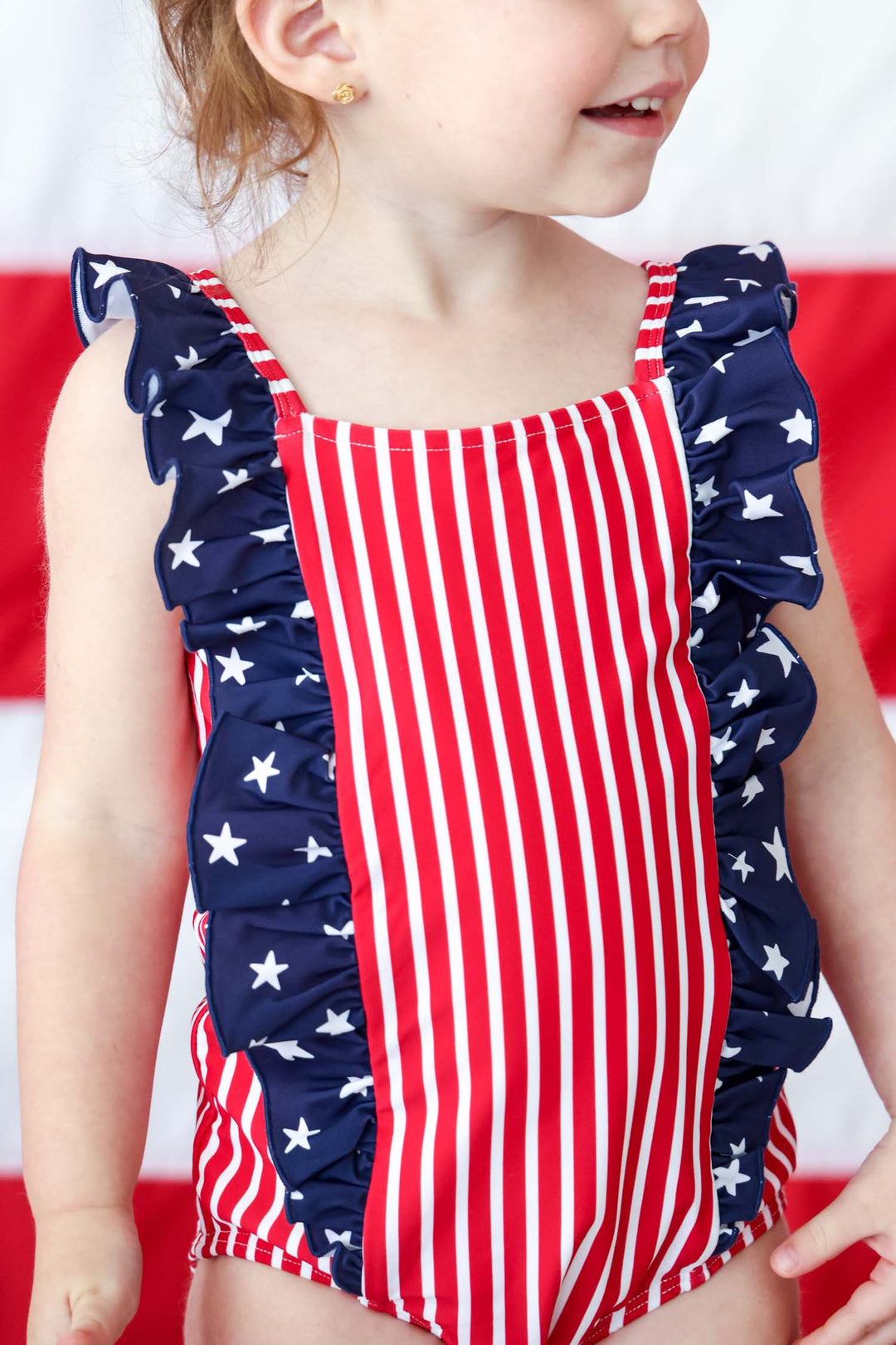 Stars & Stripes Party baby girl double ruffle bow back one piece swimsuit view 4 | 4th of July swim | Caden Lane