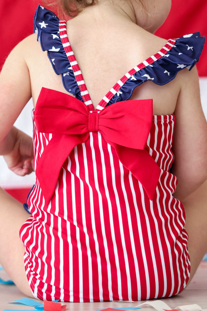 Stars & Stripes Party baby girl double ruffle bow back one piece swimsuit view 5 | 4th of July swim | Caden Lane
