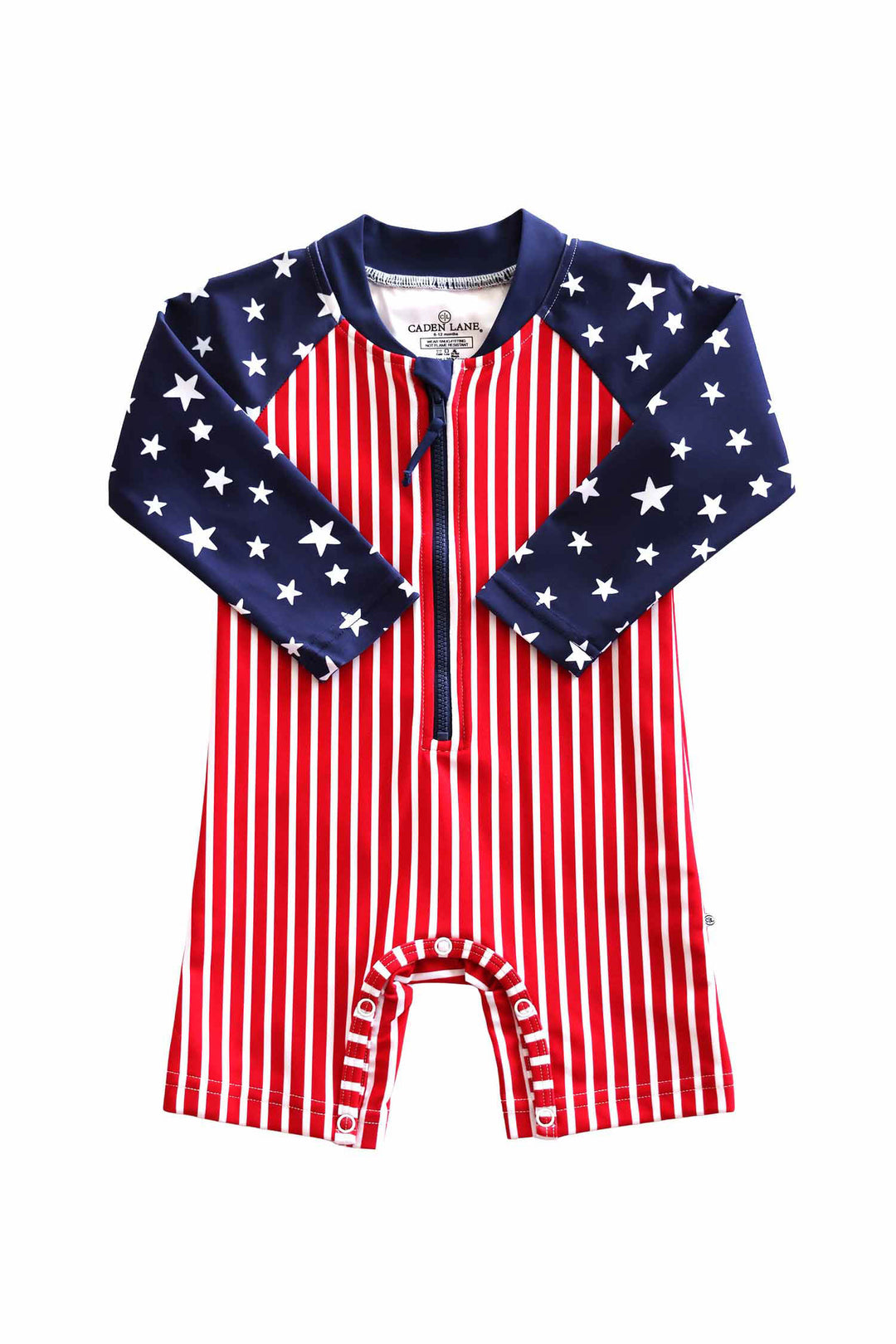Stars & Stripes Party baby rash guard swim romper shortie detail view 6 | 4th of July kids swim | Caden Lane