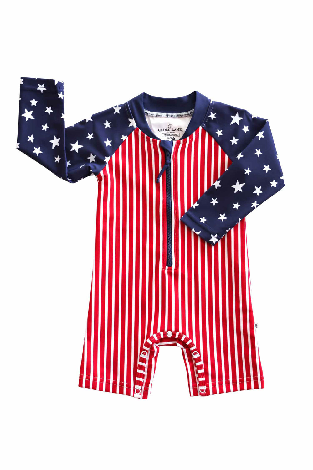 Stars & Stripes Party baby rash guard swim romper shortie | American flag-inspired print | family matching 4th of July swim | Caden Lane
