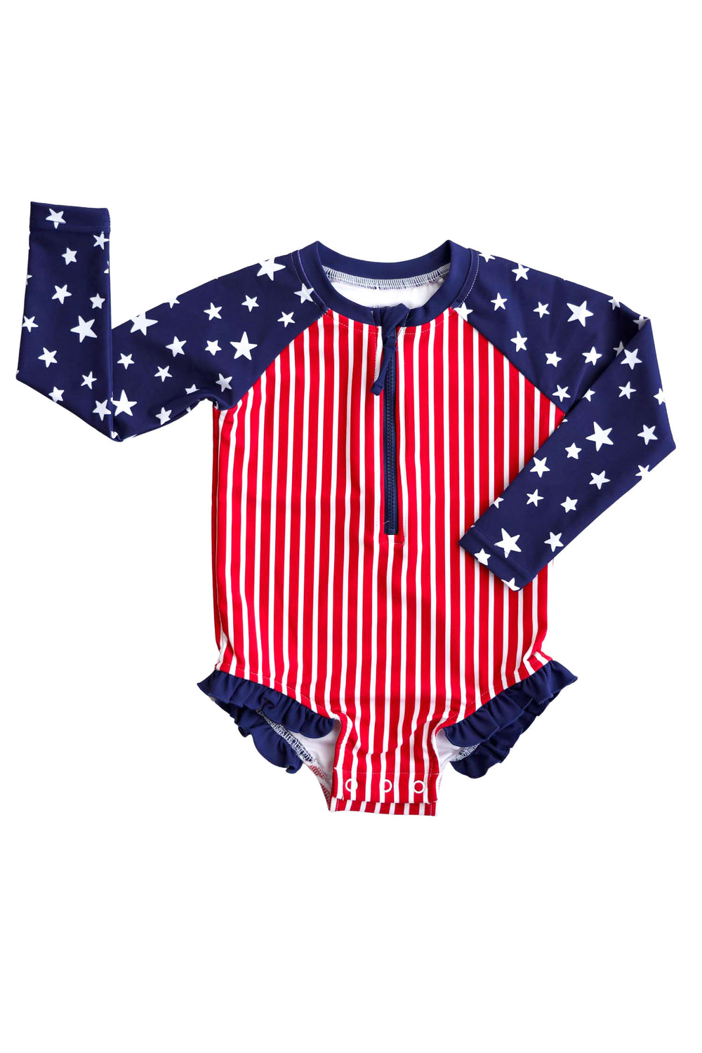 Stars & Stripes Party kids long sleeve rash guard with front zipper | American flag-inspired print | family matching 4th of July swim | Caden Lane