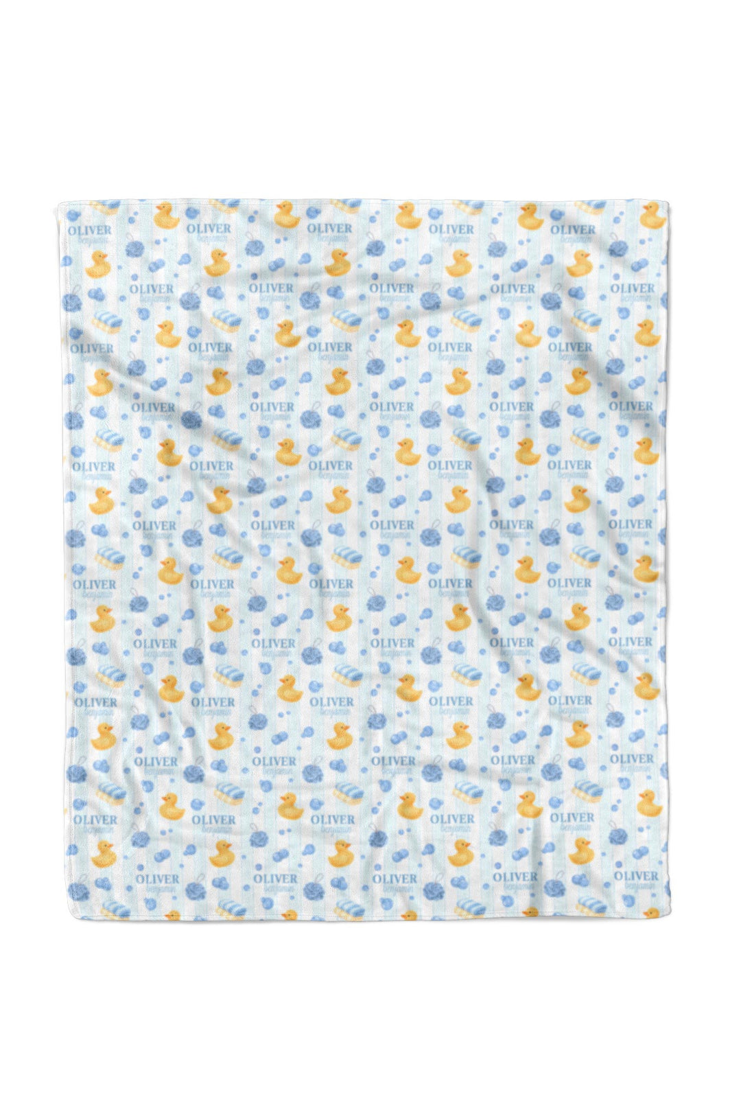 Boy holding 50x60 blue Bubble Duckies personalized blanket with yellow rubber duck and blue bubble print custom name