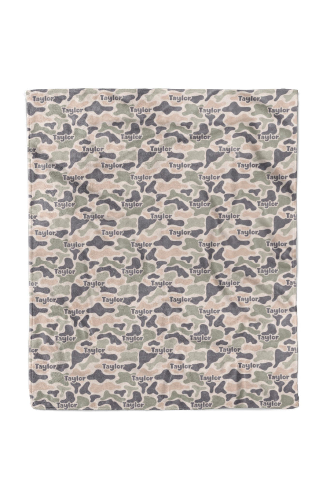 Full flat lay of 50x60 personalized camo cutie kids blanket showing camo print with custom name repeated across the entire surface
