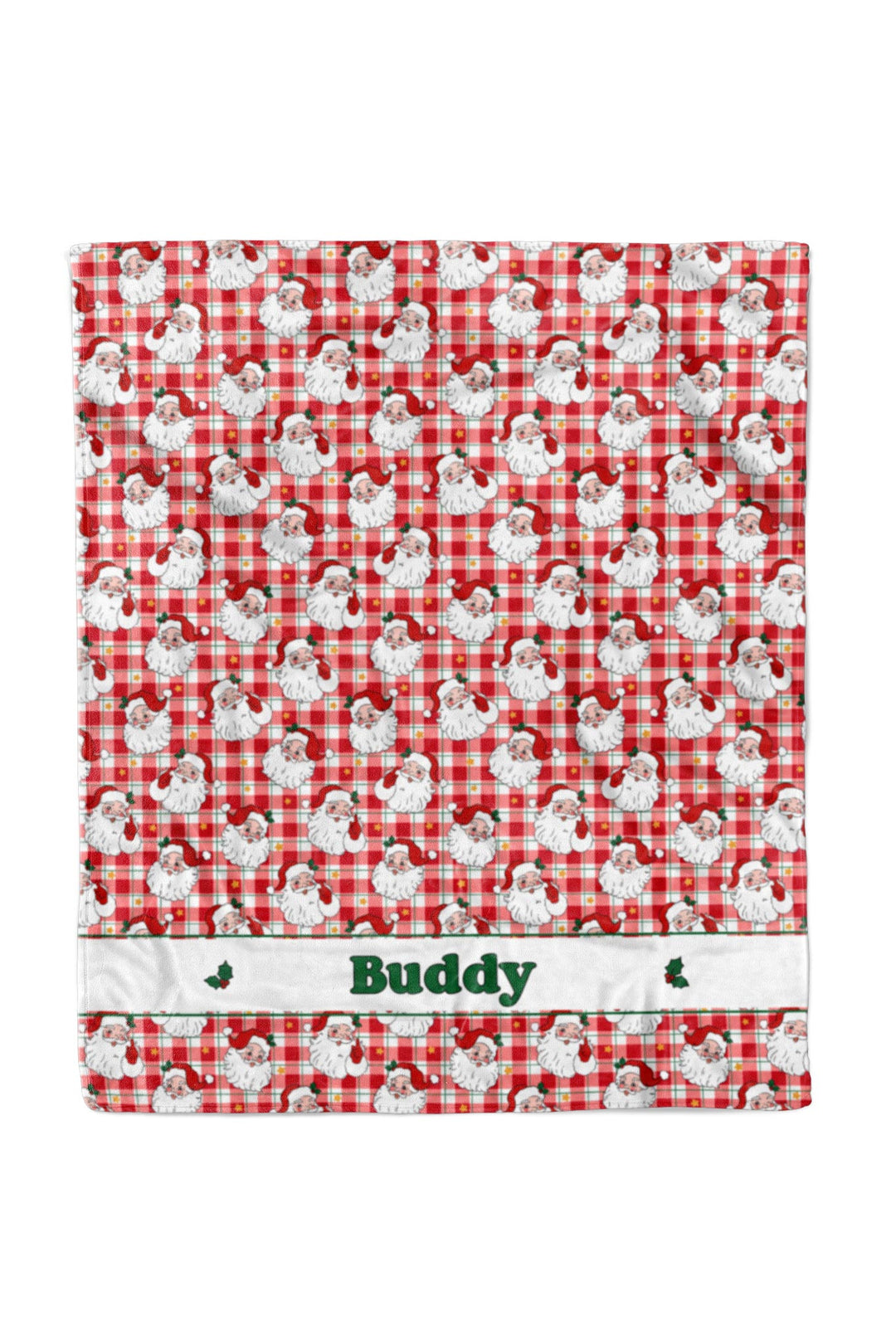 Lane & Leash personalized Christmas pet blanket. A blanket featuring a red and white gingham pattern with a repeating print of white  Santas. The bottom has a white horizontal band with the name 'Buddy' printed in green and small green holly leaves.