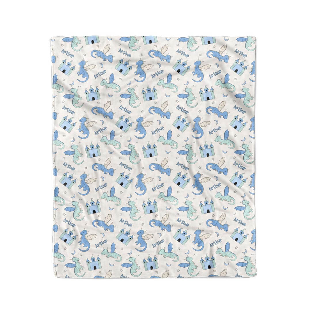 50 x 60 pastel blue and green dragon and castle personalized blanket for kids 