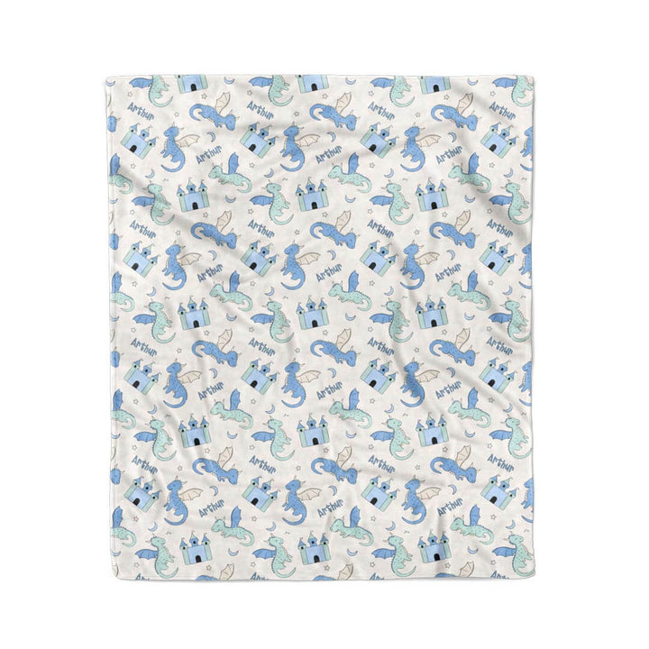 50 x 60 pastel blue and green dragon and castle personalized blanket for kids 