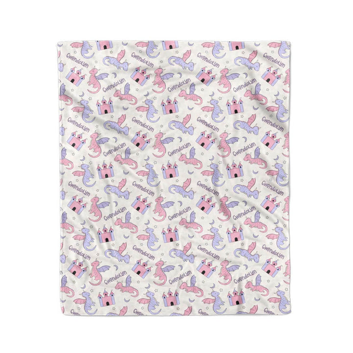 50 x 60 pastel pink and purple castle and dragon personalized blanket for kids