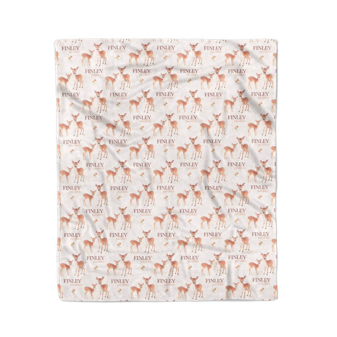 50 x 60 cream blanket with brown deer and mushroom personalized with name 