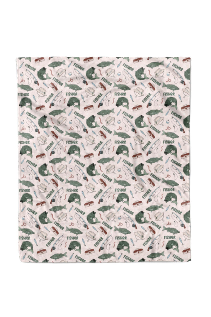 Personalized Off The Hook kids blanket spread flat showing full fishing themed print with custom name repeat pattern