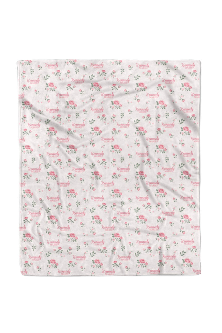Caden Lane personalized 50x60 throw blanket, Rose Garden White pink rose pattern with custom name, flat lay