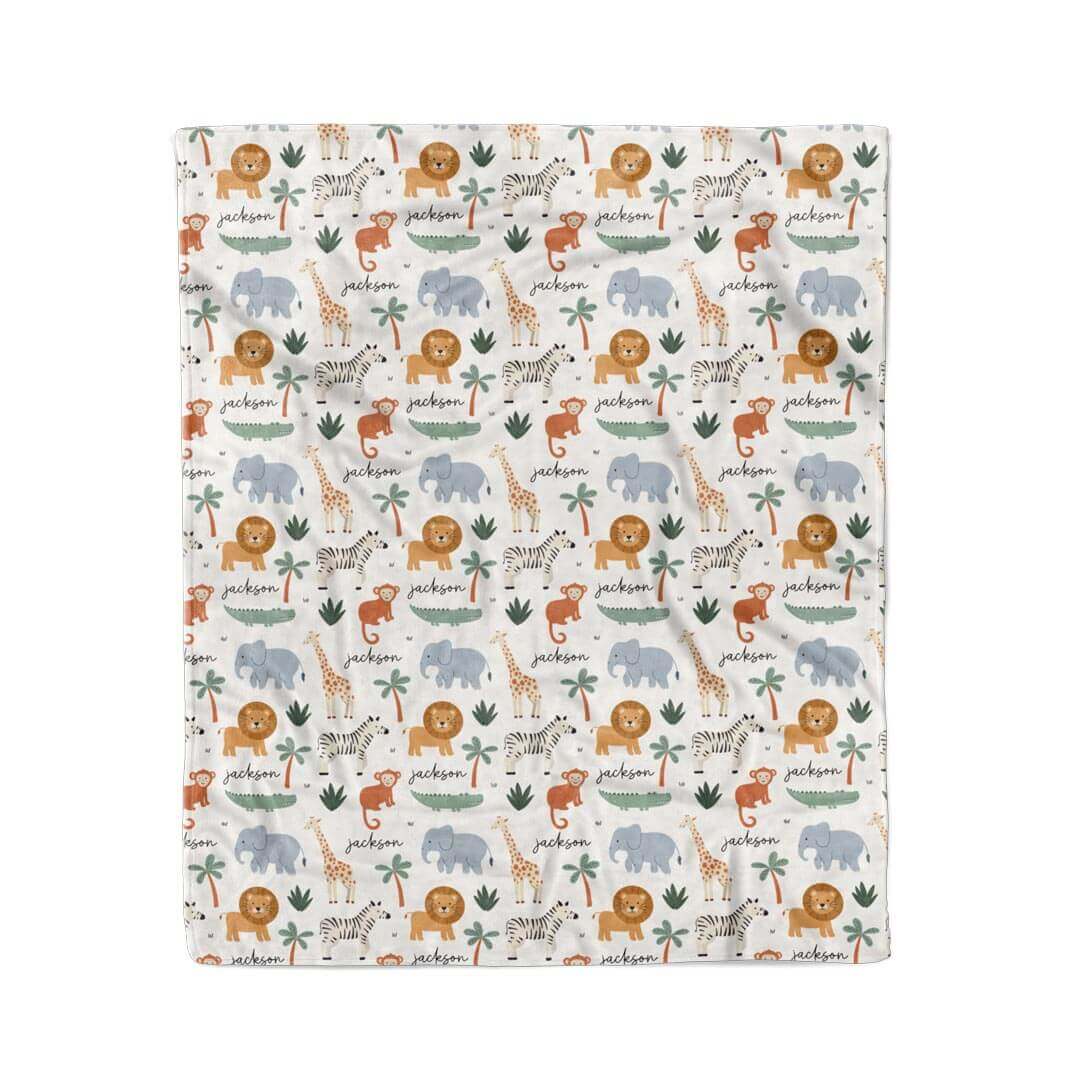 safari snuggles personalized themed blanket for kids white, green and orange