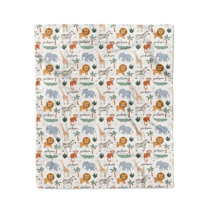 safari snuggles personalized themed blanket for kids white, green and orange