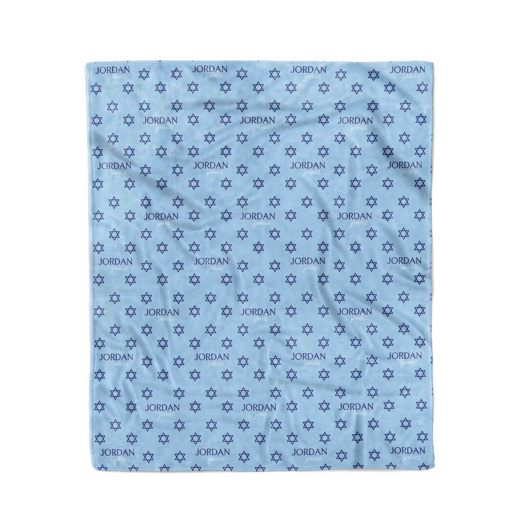 shalom snuggles personalized blanket for kids light blue with navy stars 